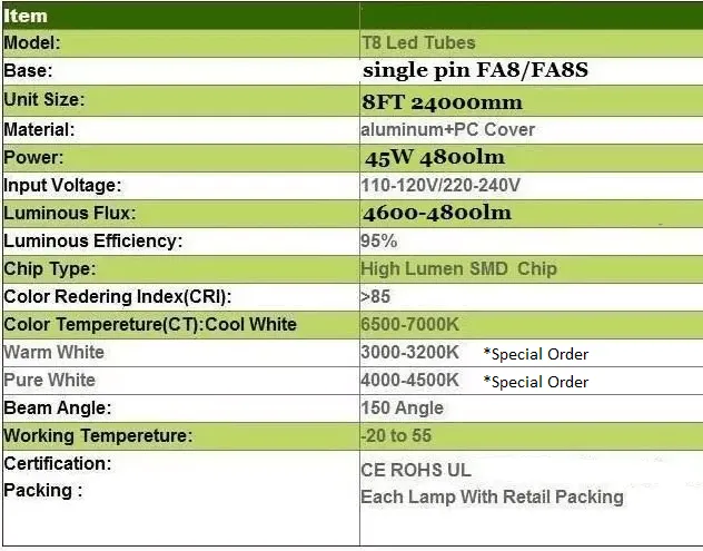 (25-PACK) Fa8 Single Pin T8 LED 8ft 40w 5000K CLEAR LENS  "ENERGY MISER"