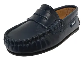 Atlanta Mocassin Boy's and Girl's Smooth Leather Penny Loafers, Blue Navy Sierra