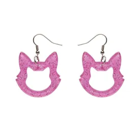 Cat Head Glitter Resin Drop Earrings - Pink