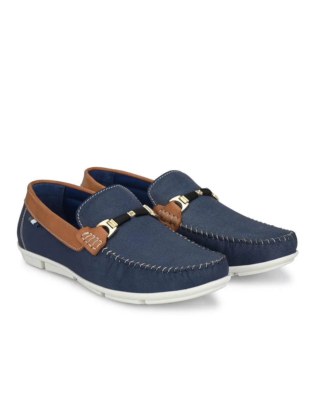 Hitz Men's Blue Denim Leather Slip-On Comfort Loafer Shoes