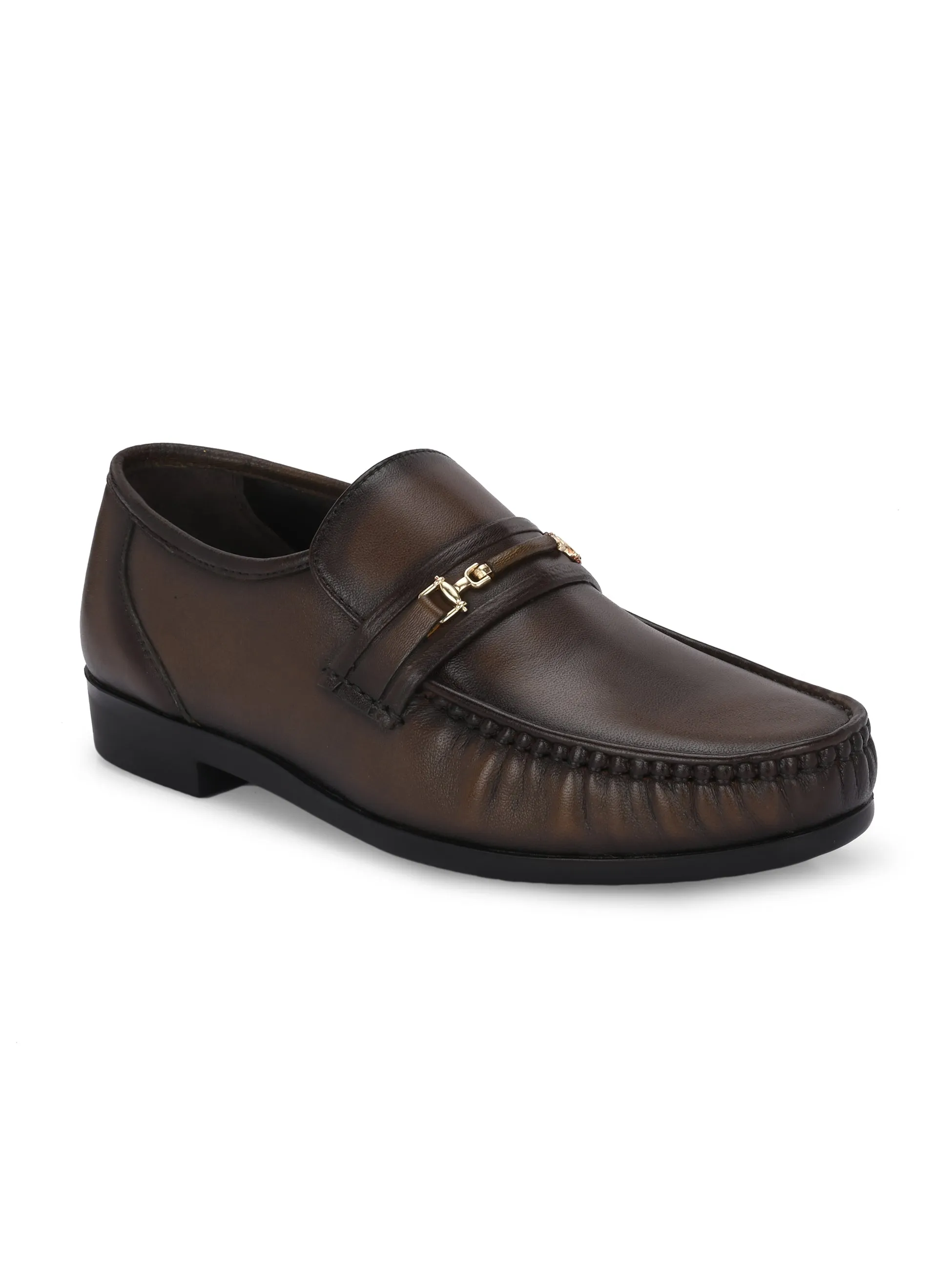 Hitz Men's Brown Leather Formal Slip On Shoes