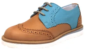 Hoo Shoes Boy's Tan & Turquoise Ralph's Smooth Leather Lace Up Platform Tip Oxford Shoe