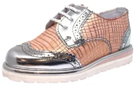 Hoo Shoes Girl's Chloe's Wing Tip Rose Gold Metallic Checkered Pattern Bright Lace Up Oxford Platform Shoes