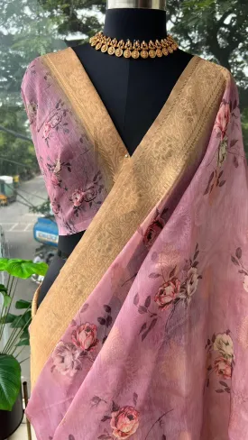 Powder pink organza saree with blouse