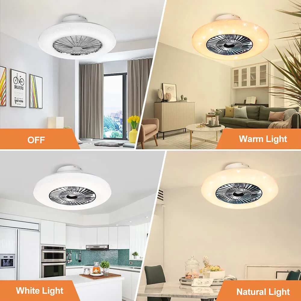 Remote Ceiling Fan with Light Kit-40W Modern Dimmable Ceiling Fan Lighting, 7 Invisible Blades Ceiling Fans, 23 Inch Ceiling Lighting Fixture Flush Mount, 3 Color Changeable, 3 Files, Timing