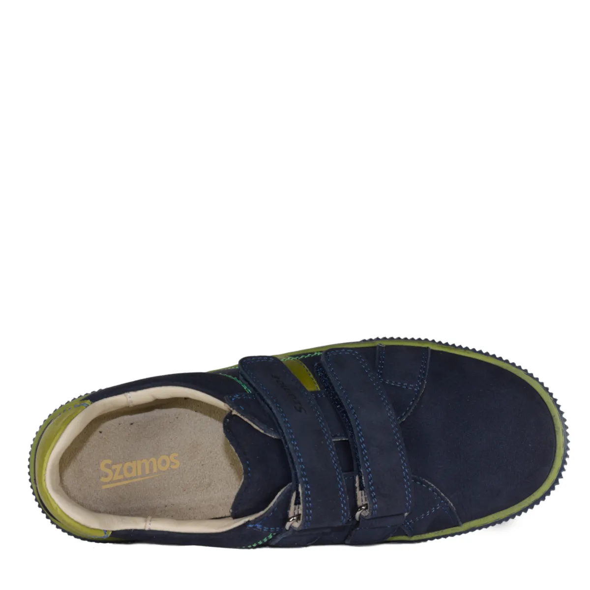 Szamos kid boy sneakers in dark blue and neon green color with double velcro strap big kid size