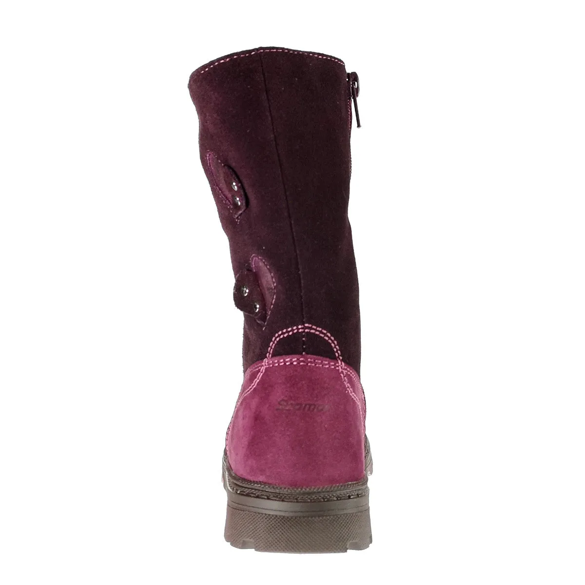 Szamos kid girl winter boots burgundy and mauve with hearts and side zipper little kid/big kid size