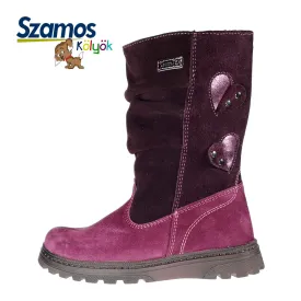 Szamos kid girl winter boots burgundy and mauve with hearts and side zipper little kid/big kid size